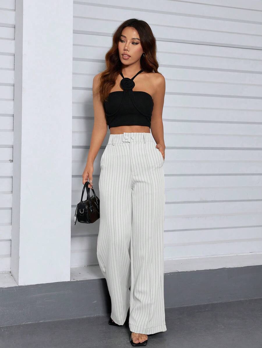 Calça Hecate - Listrada Elegante Cintura Alta Casual | Aurora