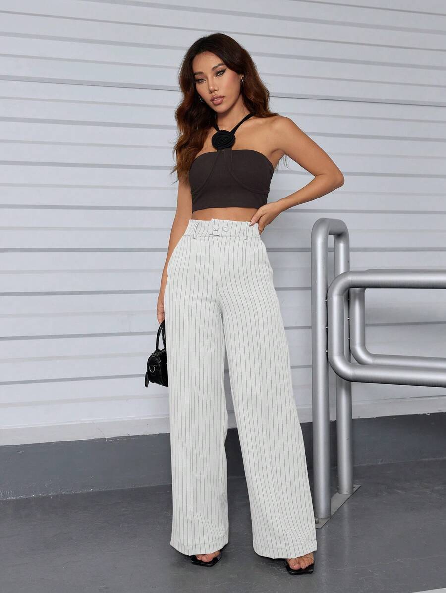 Calça Hecate - Listrada Elegante Cintura Alta Casual | Aurora