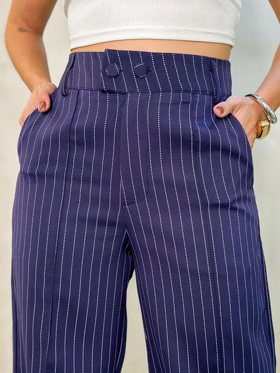 Calça Hecate - Listrada Elegante Cintura Alta Casual | Aurora