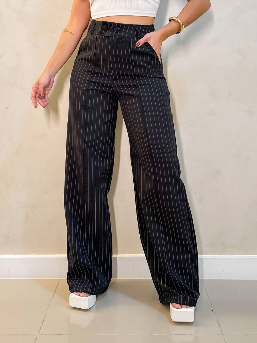 Calça Hecate - Listrada Elegante Cintura Alta Casual | Aurora