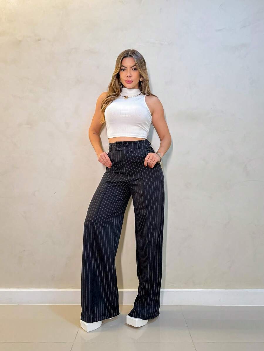 Calça Hecate - Listrada Elegante Cintura Alta Casual | Aurora