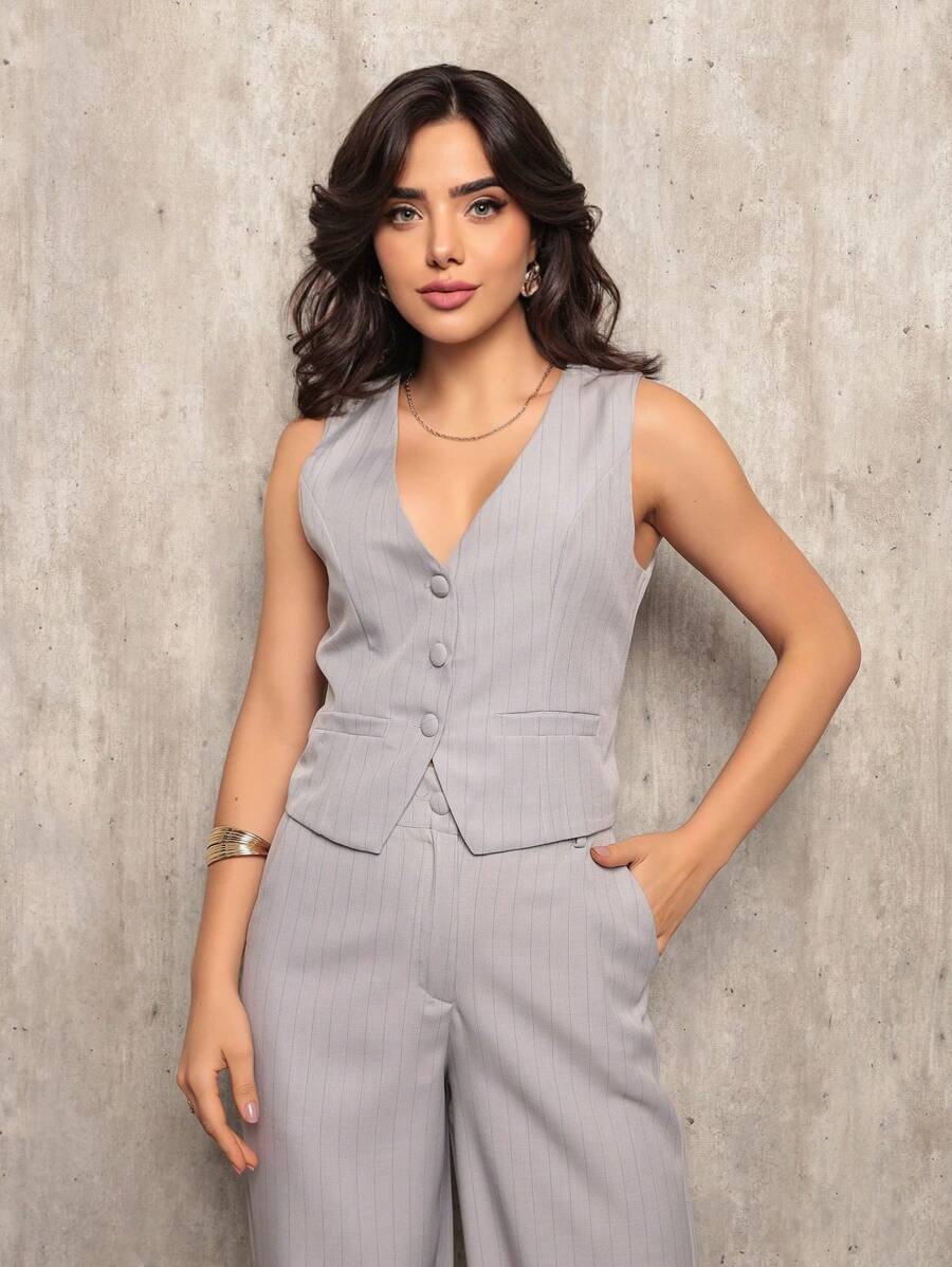 Conjunto Metis - Colete + Calça Alfaiataria Listrado Cinza | Aurora