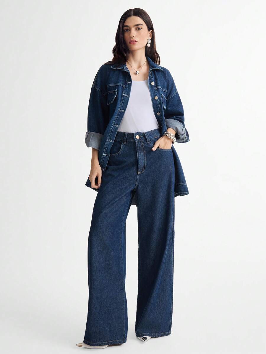 Calça Jeans Rhea - Wide Leg Cintura Alta Lavagem Escura | Aurora