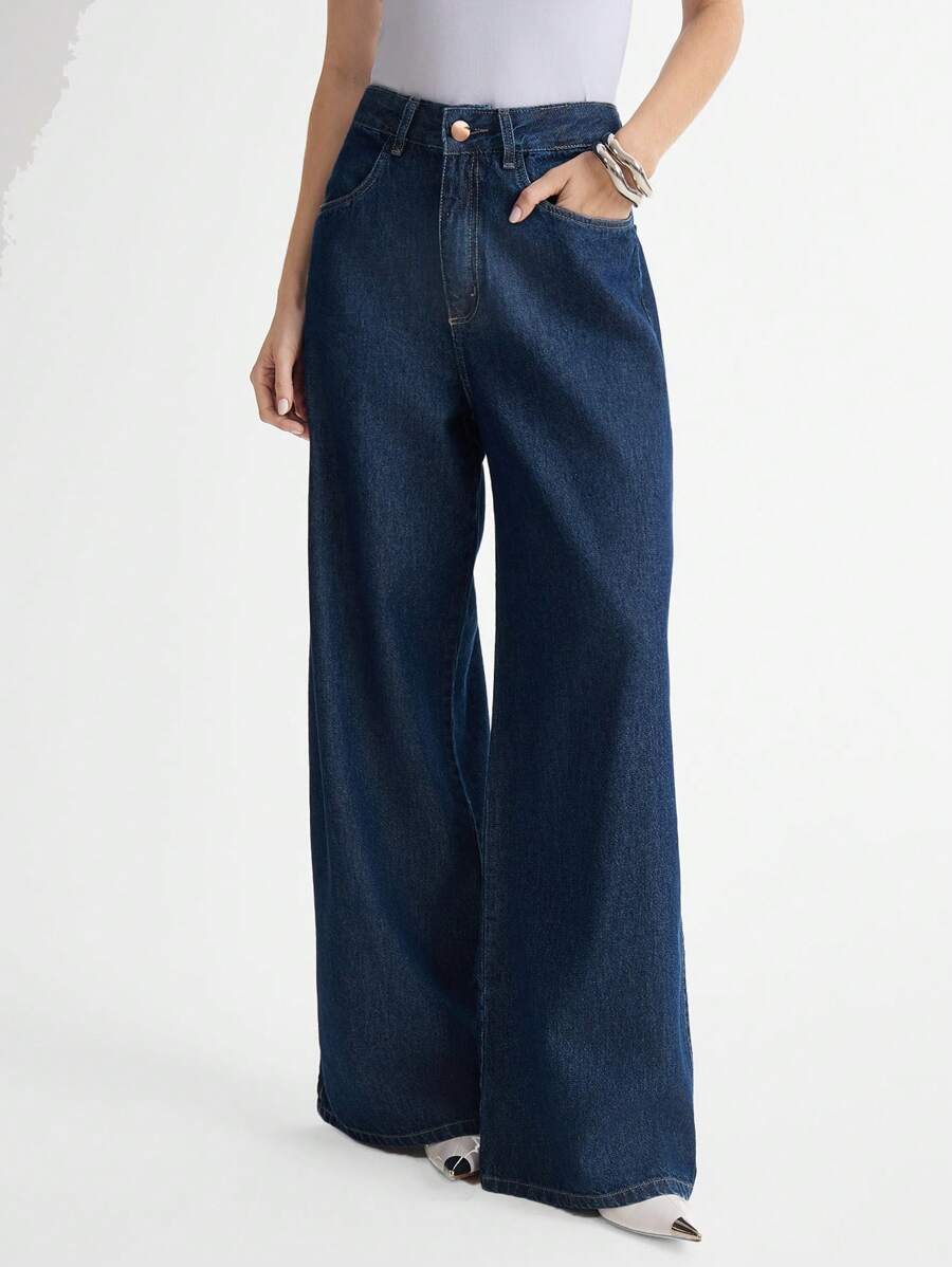 Calça Jeans Rhea - Wide Leg Cintura Alta Lavagem Escura | Aurora