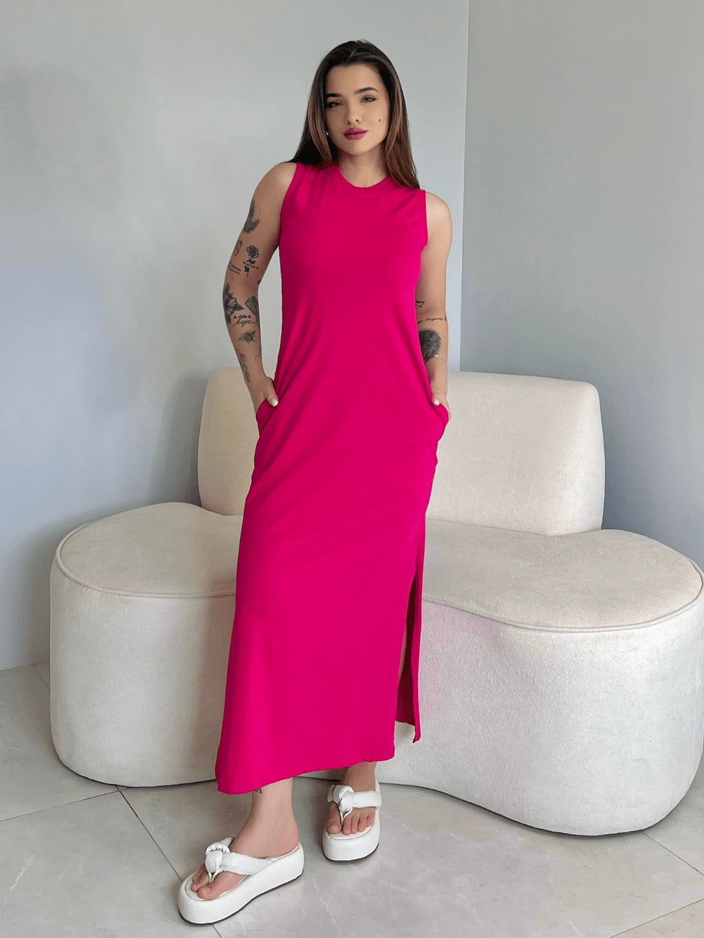 Vestido Eunomia - Colete Longo Marrom Algodão com Bolsos | Aurora