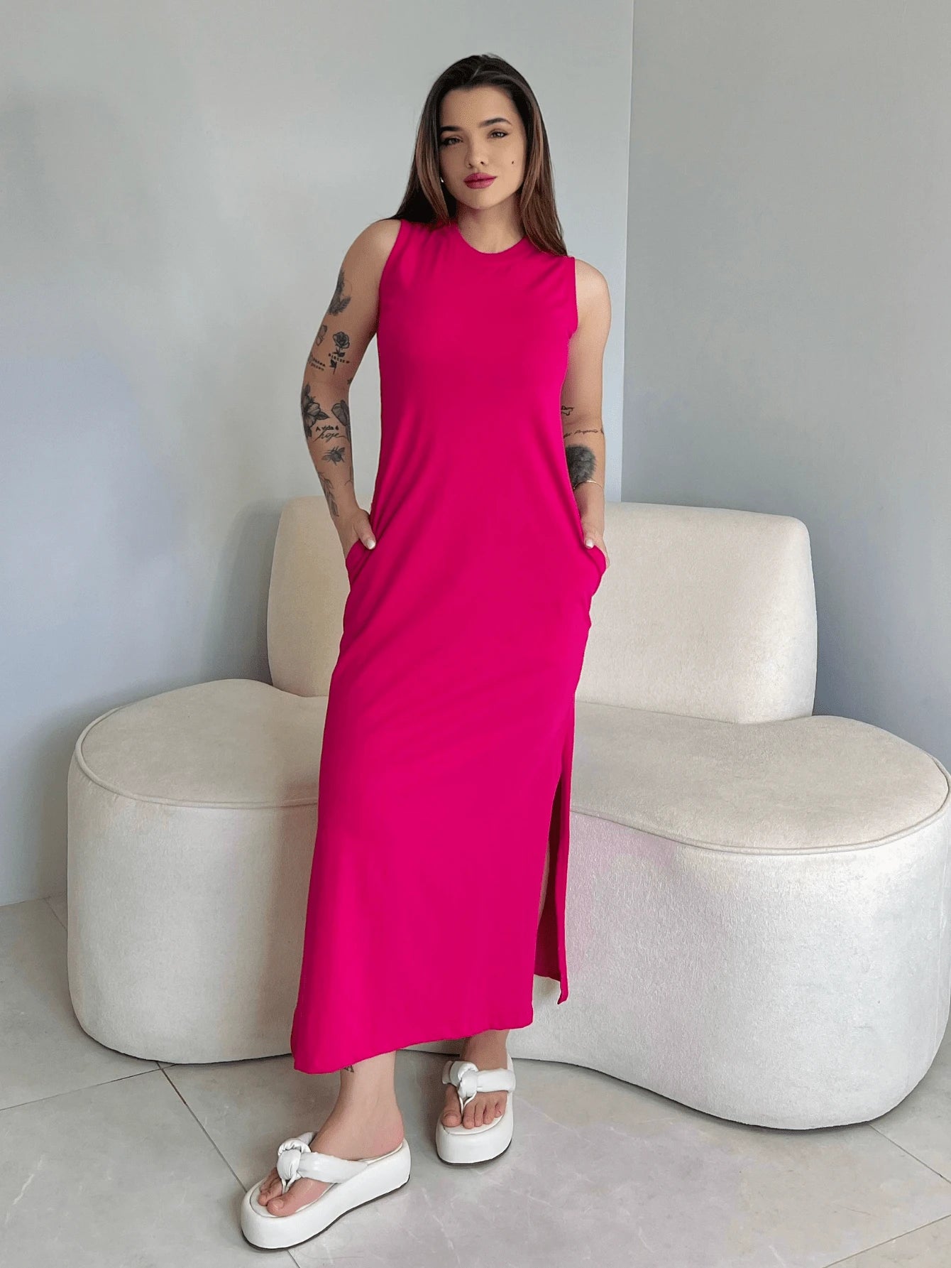 Vestido Eunomia - Colete Longo Marrom Algodão com Bolsos | Aurora