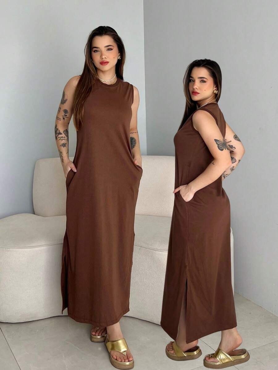 Vestido Eunomia - Colete Longo Marrom Algodão com Bolsos | Aurora