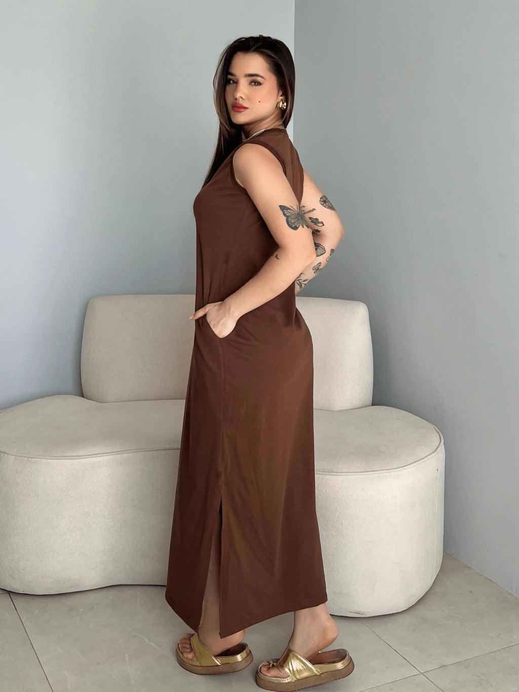 Vestido Eunomia - Colete Longo Marrom Algodão com Bolsos | Aurora