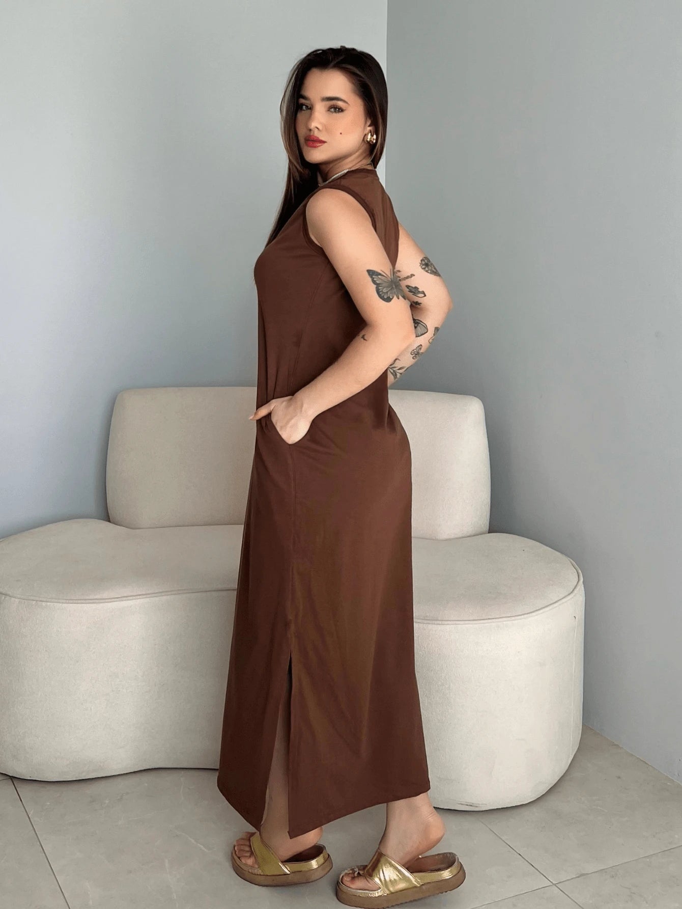 Vestido Eunomia - Colete Longo Marrom Algodão com Bolsos | Aurora