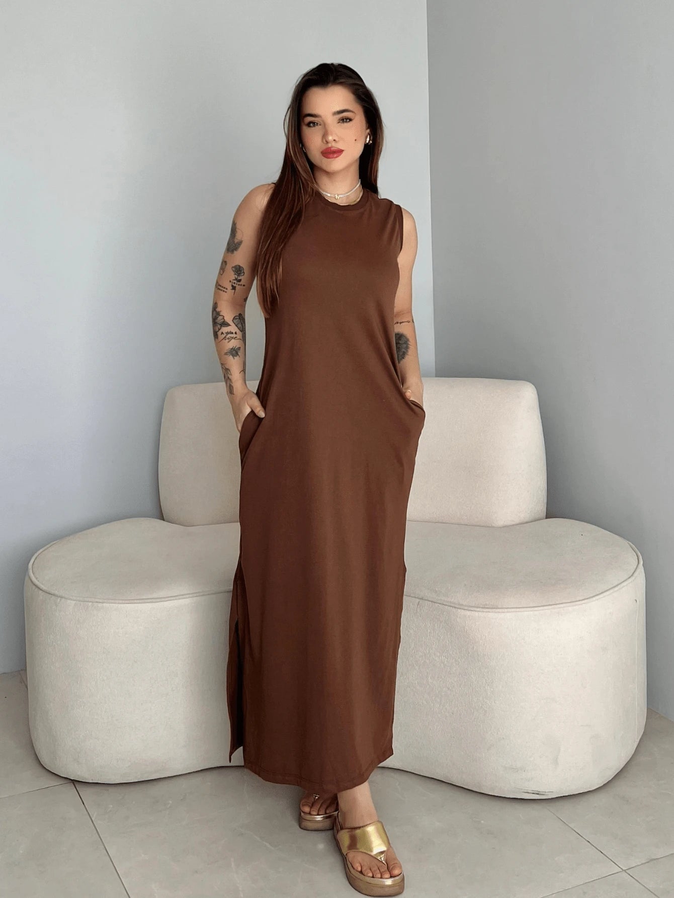 Vestido Eunomia - Colete Longo Marrom Algodão com Bolsos | Aurora