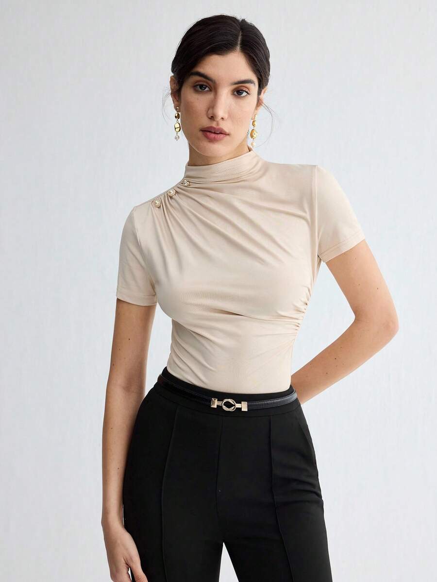 Blusa Mnemosyne - Castanho Slim Fit Enrugada Escritório | Aurora