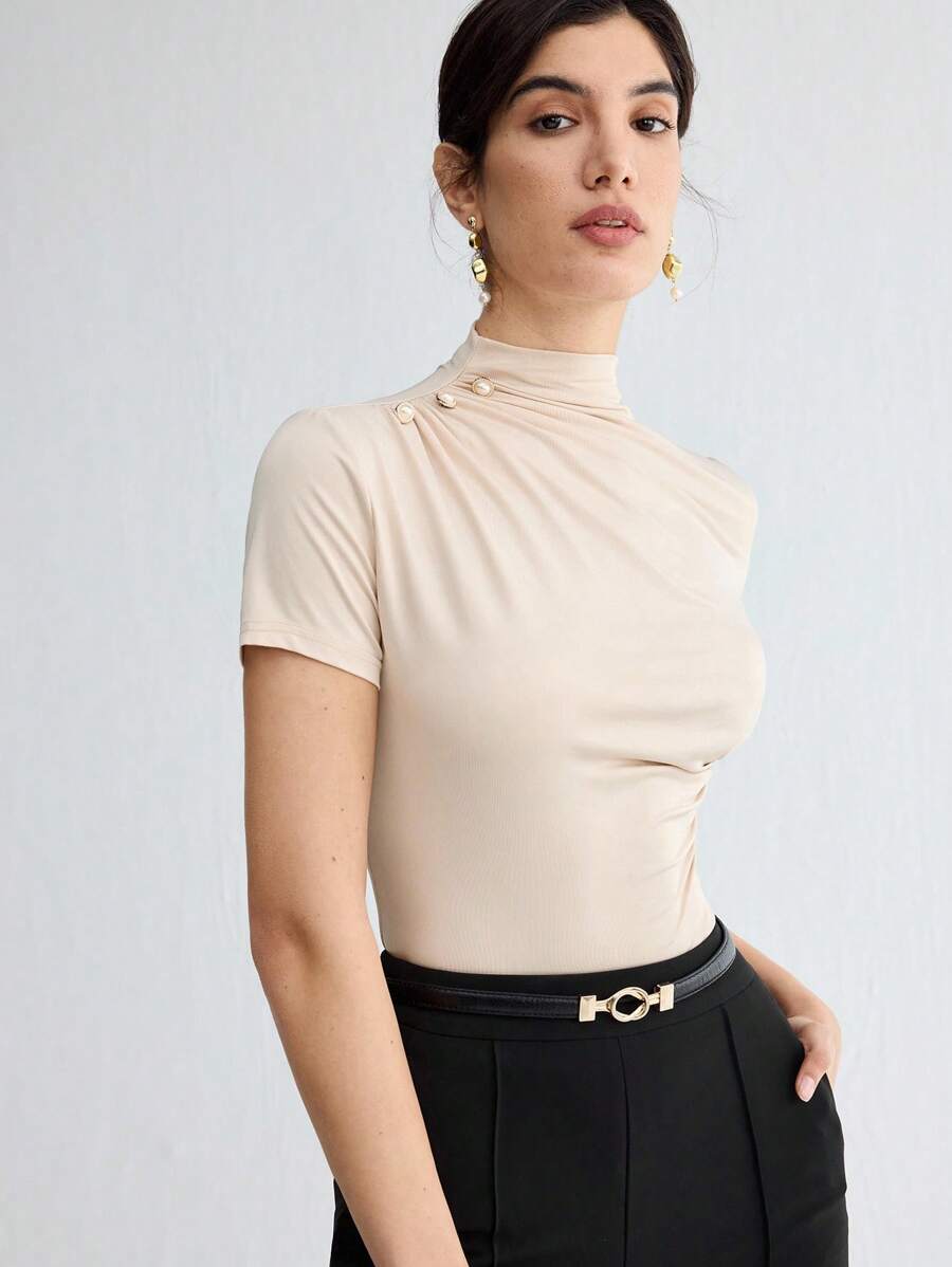 Blusa Mnemosyne - Castanho Slim Fit Enrugada Escritório | Aurora