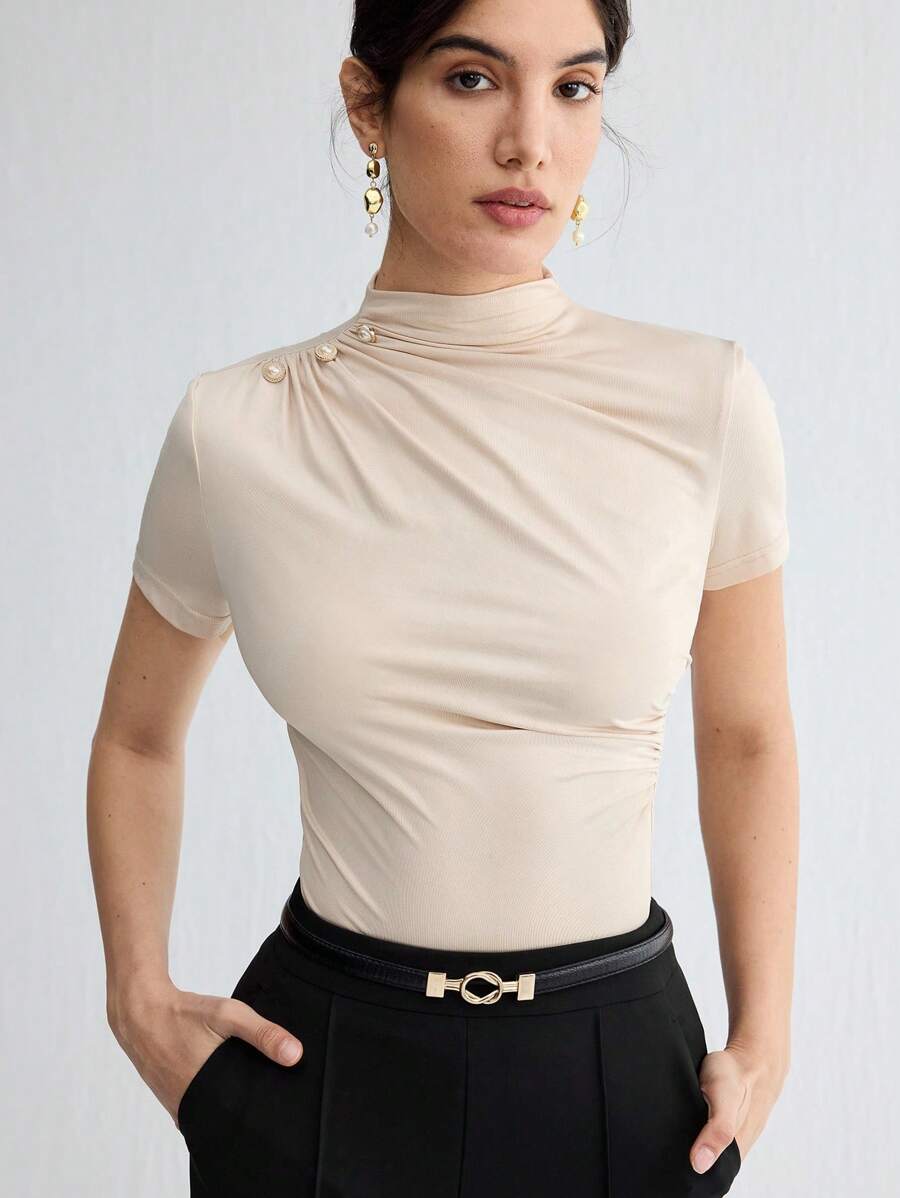 Blusa Mnemosyne - Castanho Slim Fit Enrugada Escritório | Aurora