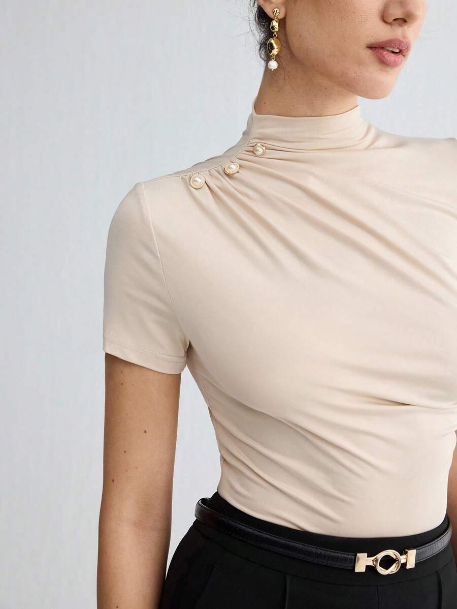 Blusa Mnemosyne - Castanho Slim Fit Enrugada Escritório | Aurora